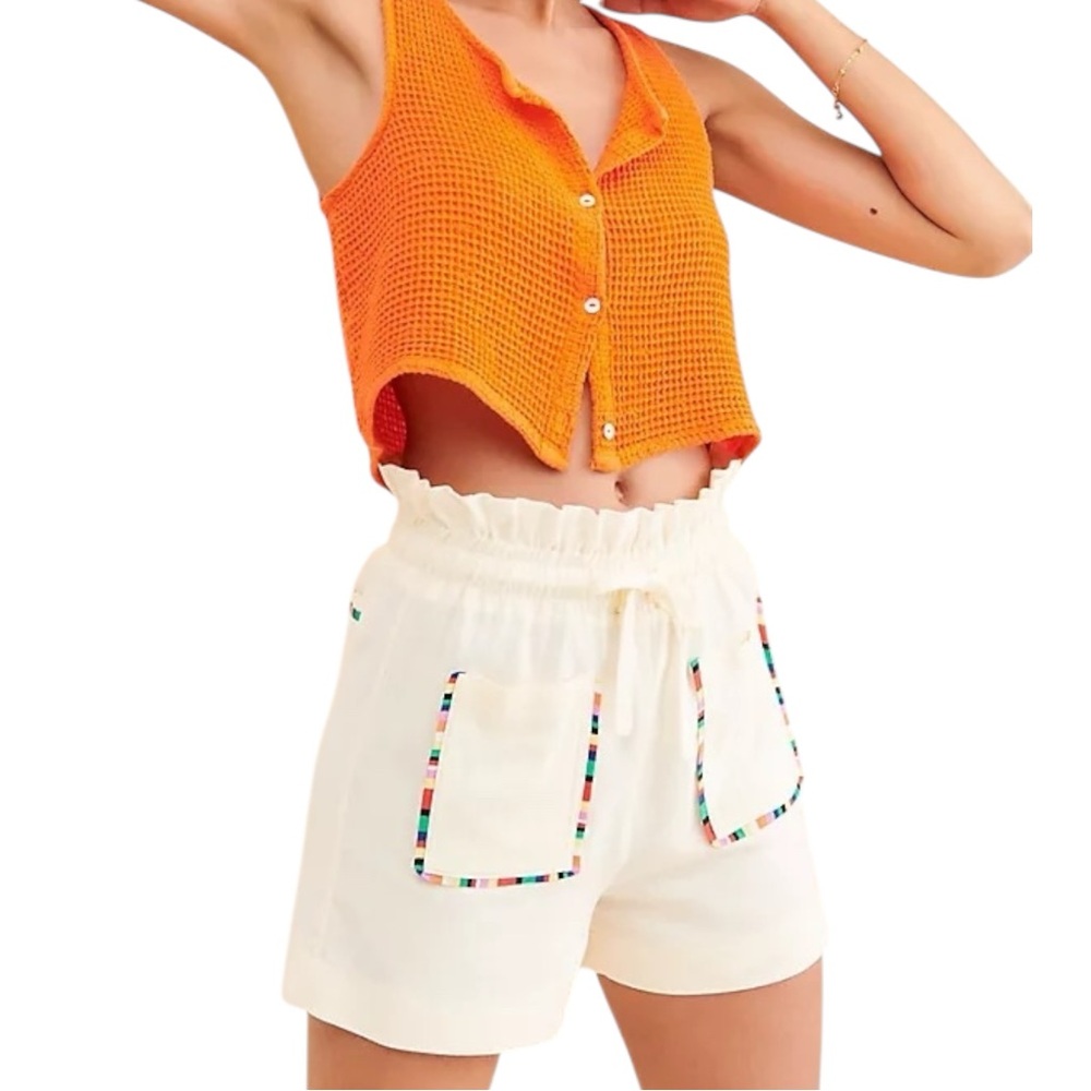 Anthropologie PASTICHE Tina Linen Shorts White Rainbow High Waist Pull On Sz M